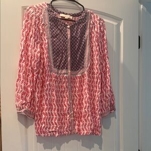 Loft Women’s Printed Button-Front Peasant Blouse - Red & Navy